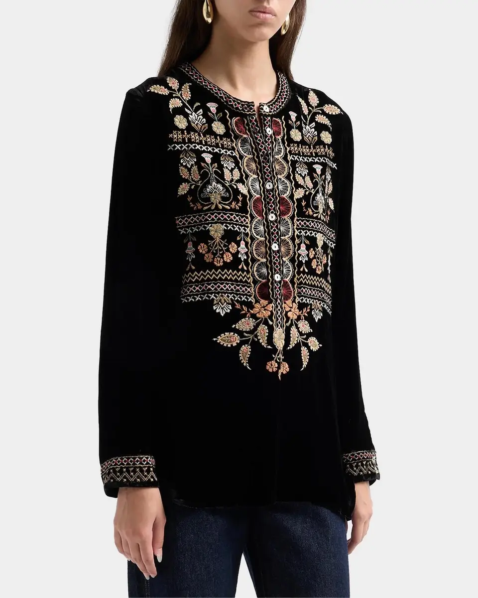 Johnny Was Floral-Embroidered Velvet Henley Tunic | Thumbnail 4 Johnny Was Floral-Embroidered Velvet Henley Tunic | Thumbnail 4