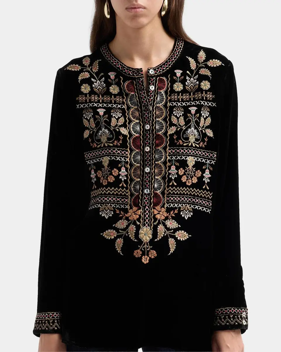 Johnny Was Floral-Embroidered Velvet Henley Tunic | Thumbnail 5 Johnny Was Floral-Embroidered Velvet Henley Tunic | Thumbnail 5