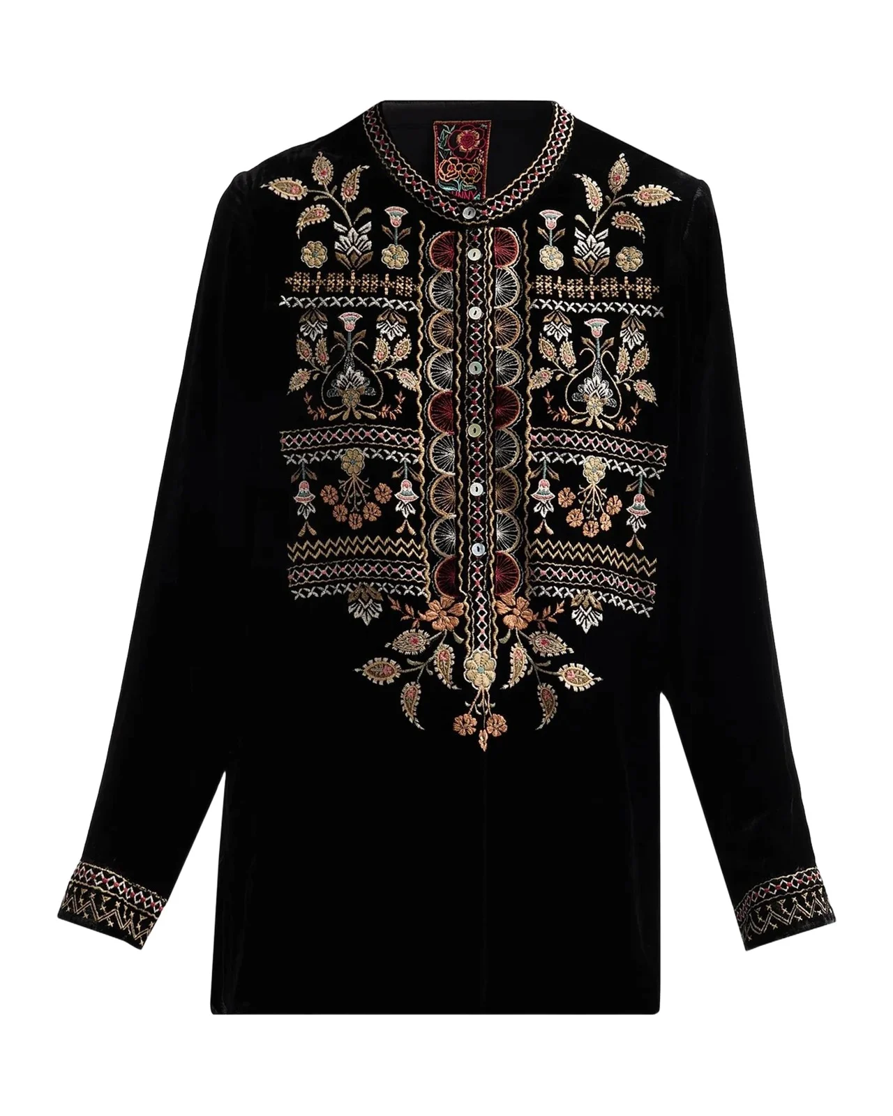 Floral-Embroidered Velvet Henley Tunic Floral-Embroidered Velvet Henley Tunic