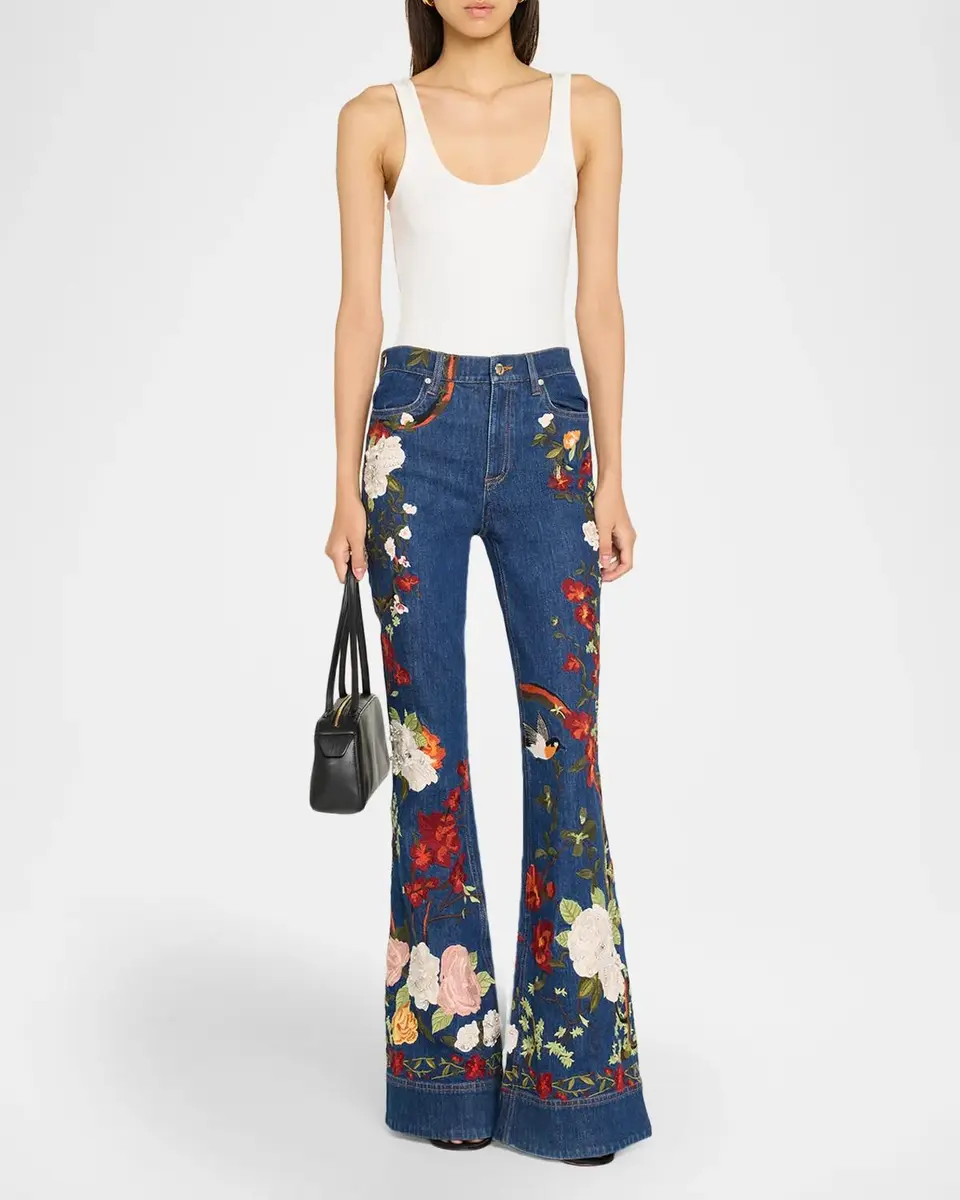 Alice + Olivia Beautiful Embroidered High-Rise Bell Bottom Jeans | Thumbnail 2