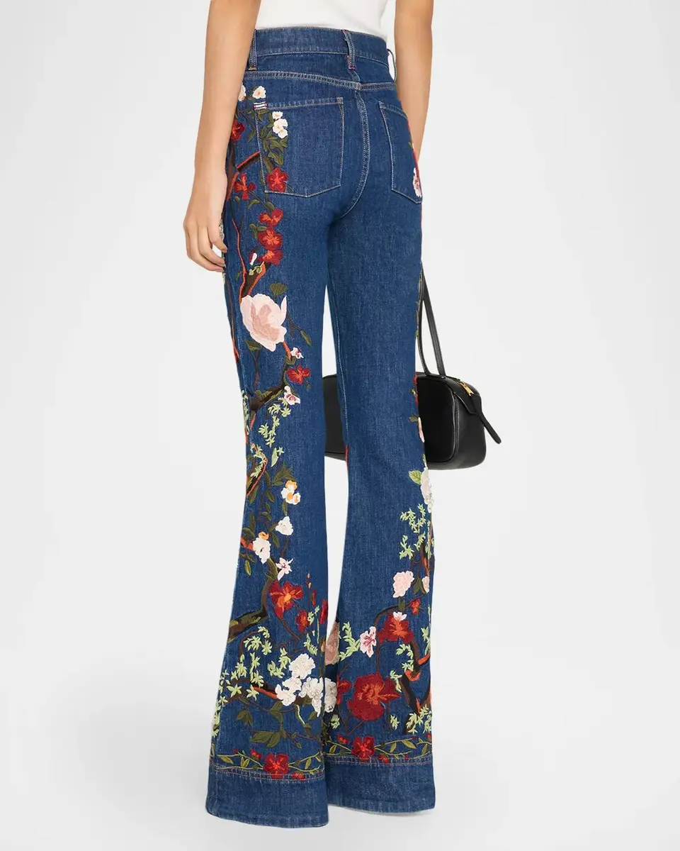 Alice + Olivia Beautiful Embroidered High-Rise Bell Bottom Jeans | Thumbnail 3