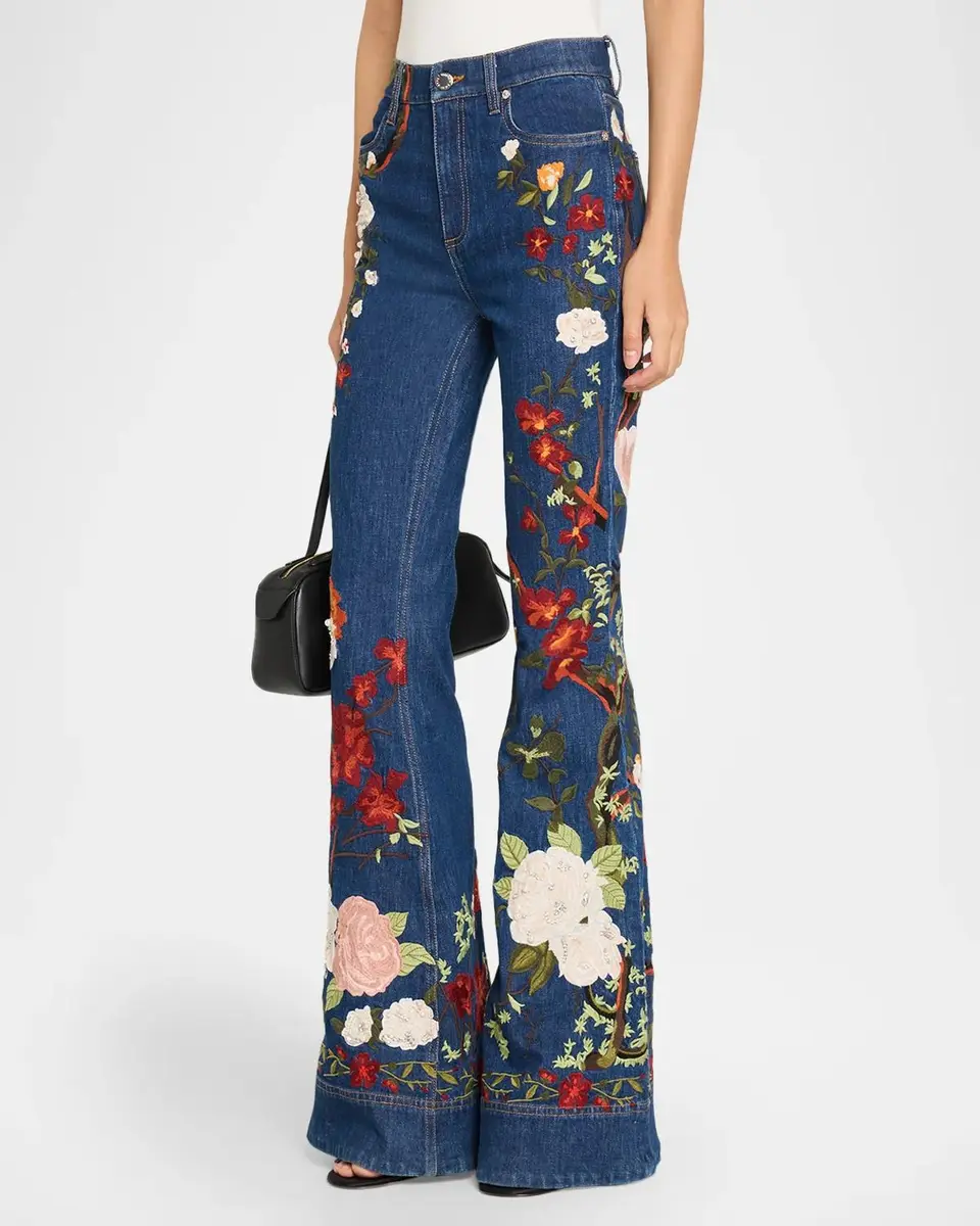 Alice + Olivia Beautiful Embroidered High-Rise Bell Bottom Jeans | Thumbnail 4