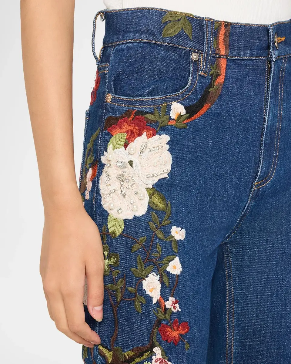 Alice + Olivia Beautiful Embroidered High-Rise Bell Bottom Jeans | Thumbnail 5