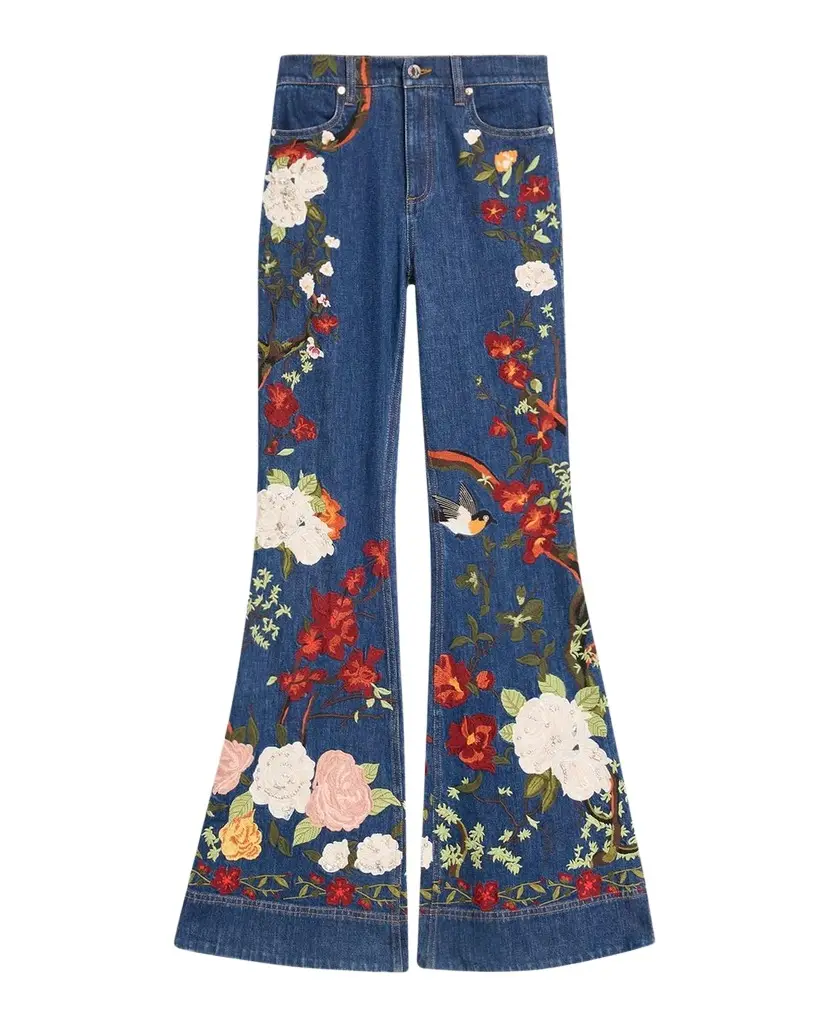 Alice + Olivia Beautiful Embroidered High-Rise Bell Bottom Jeans