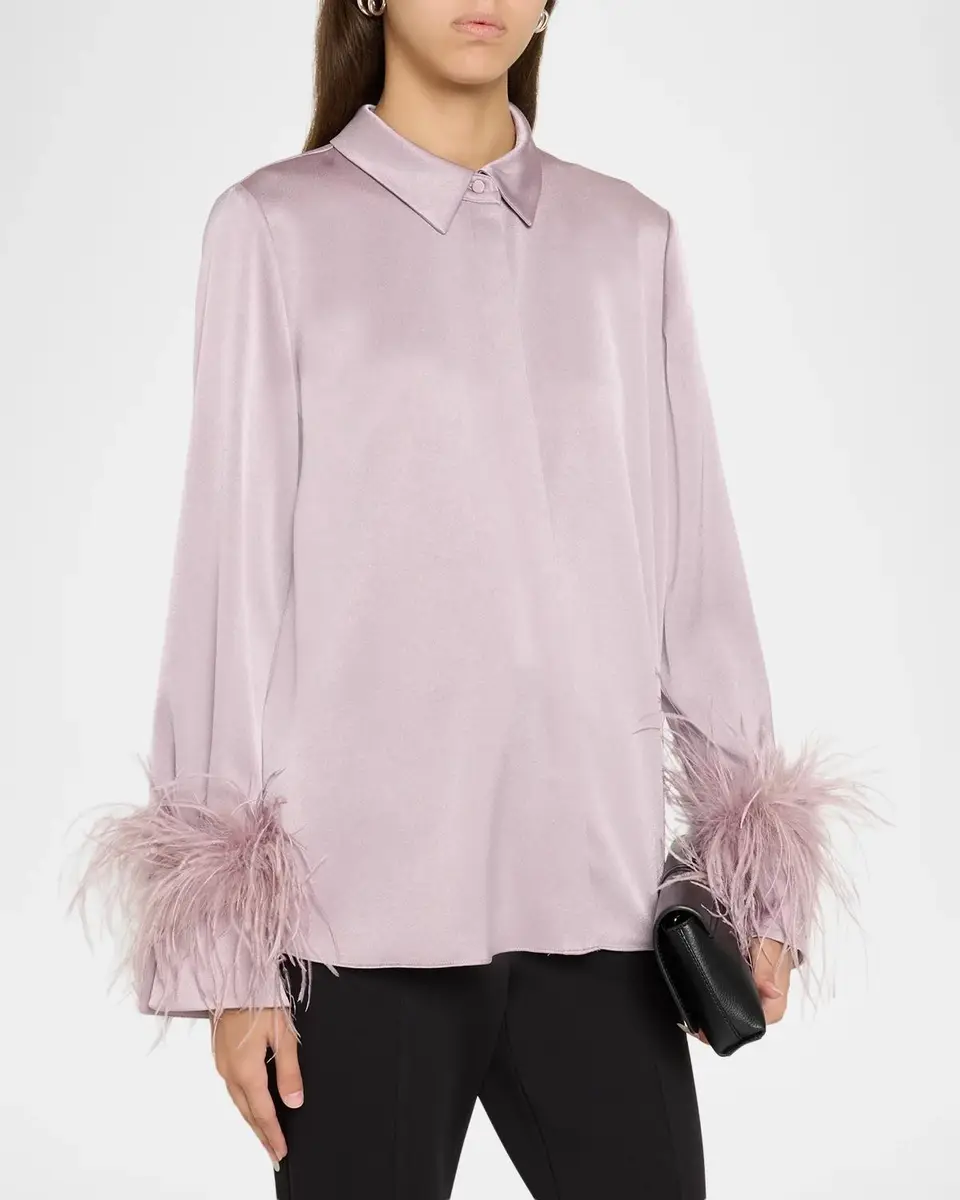 Ungaro Luna Feather-Cuff Satin Blouse | Thumbnail 4 Ungaro Luna Feather-Cuff Satin Blouse | Thumbnail 4