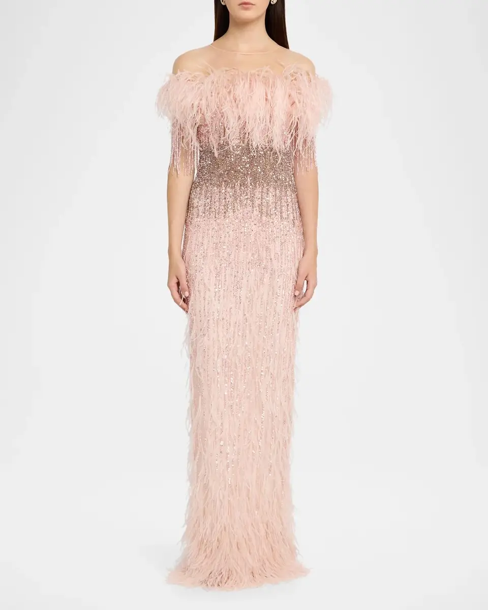 PAMELLA ROLAND Feather Beaded Off-The-Shoulder Illusion Column Gown | Thumbnail 2