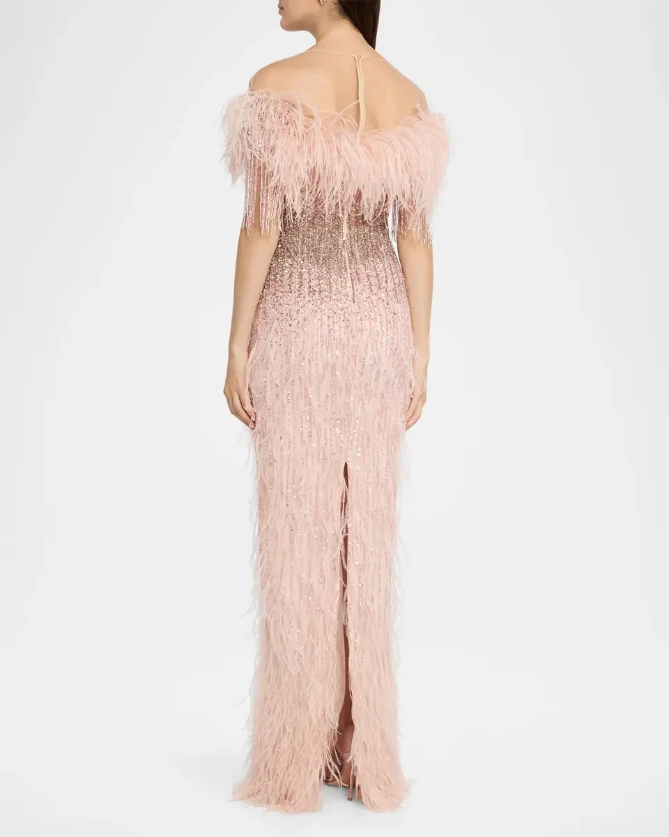 PAMELLA ROLAND Feather Beaded Off-The-Shoulder Illusion Column Gown | Thumbnail 3
