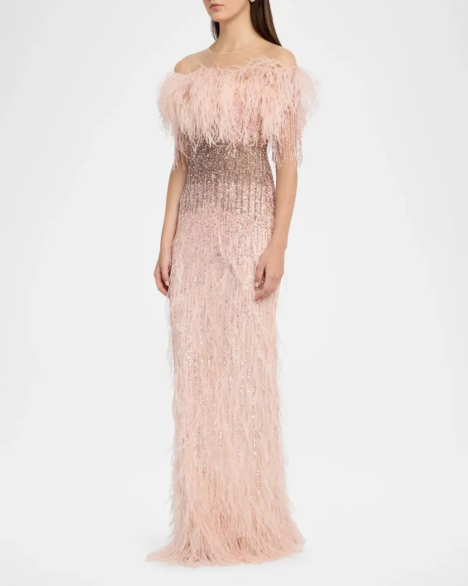 PAMELLA ROLAND Feather Beaded Off-The-Shoulder Illusion Column Gown | Thumbnail 4