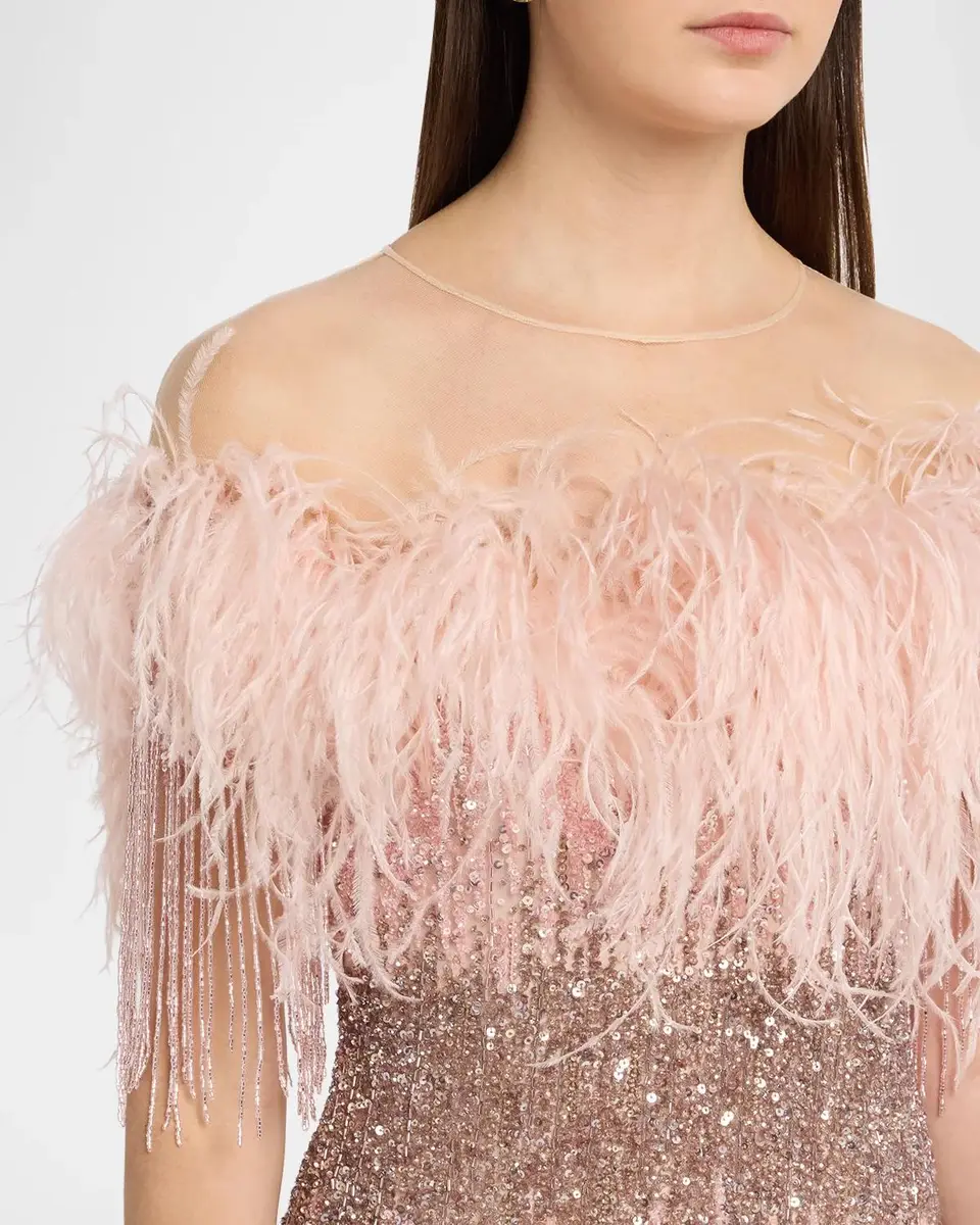 PAMELLA ROLAND Feather Beaded Off-The-Shoulder Illusion Column Gown | Thumbnail 5