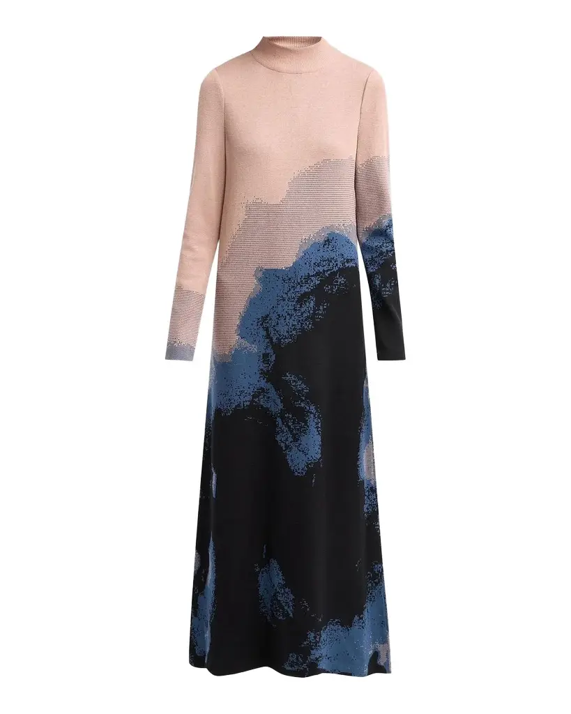 Abstract Long-Sleeve A-Line Maxi Dress