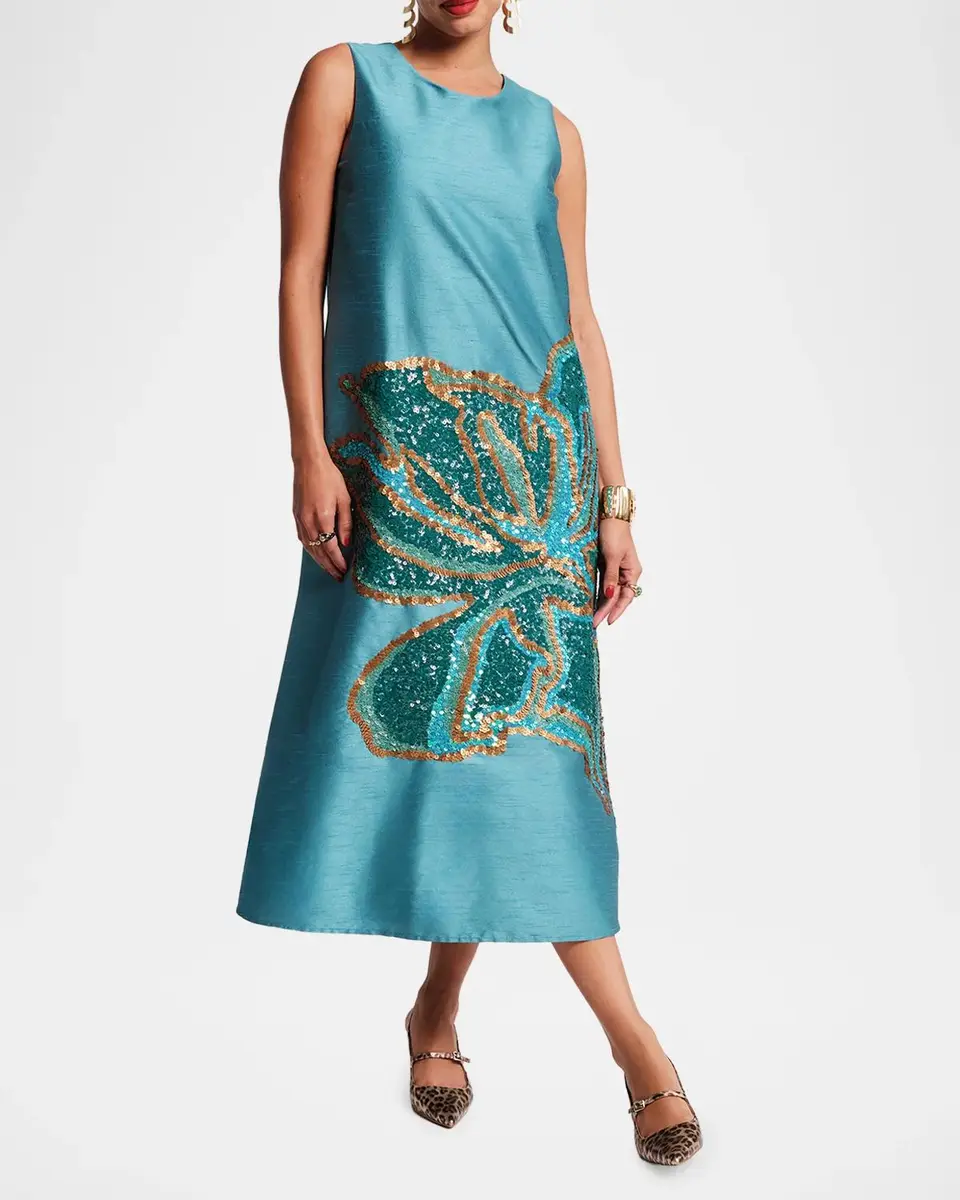 Frances Valentine Alice Sequin Floral Trapeze Midi Dress | Thumbnail 2