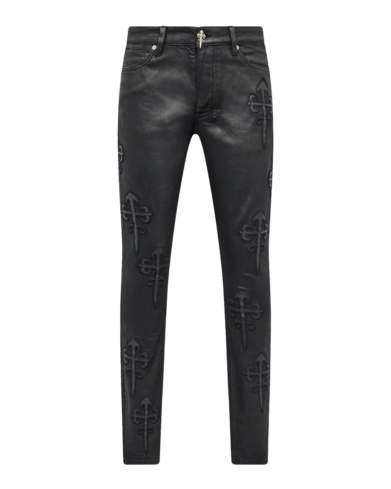 Men's Faux Leather Applique Skinny Jeans Men's Faux Leather Applique Skinny Jeans