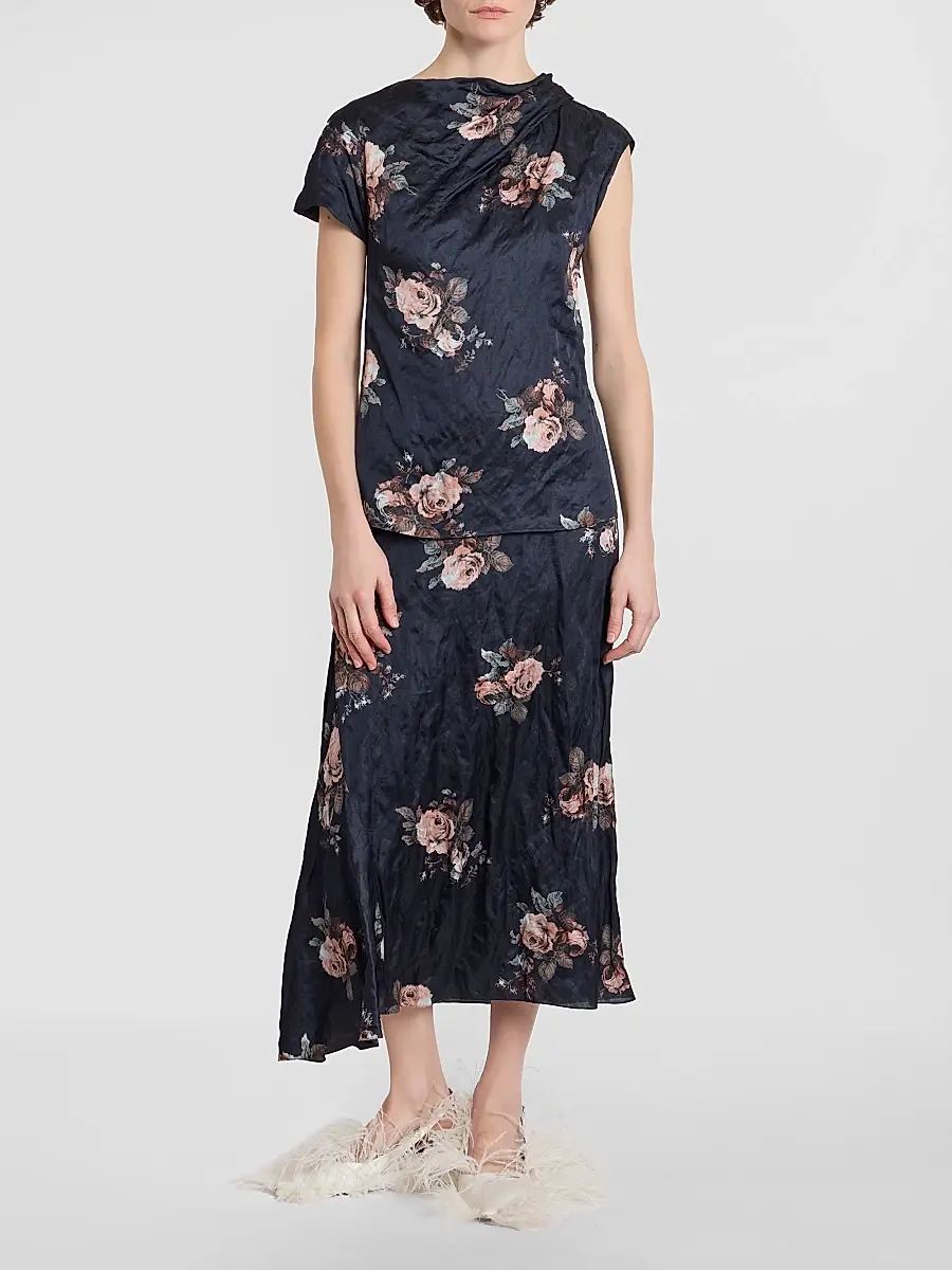 Erdem Women's Draped Floral Crushed Satin Midi Skirt | Thumbnail 2