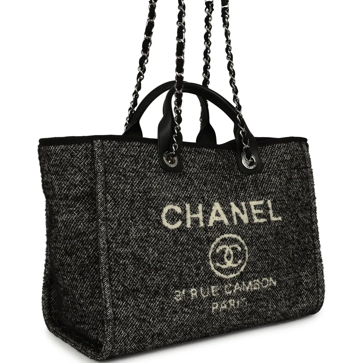 Chanel Chanel Medium Deauville Shopping Tote Black, White Wool, Leather Silver Hardware | Thumbnail 2 Chanel Chanel Medium Deauville Shopping Tote Black, White Wool, Leather Silver Hardware | Thumbnail 2