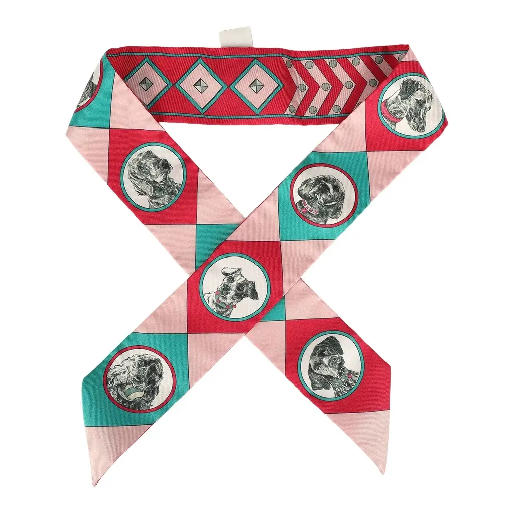 Hermes "Les Nouveaux Amoureux de Paris" Rose, Menthol, Bordeaux, Multi Silk Twilly Pair Hermes "Les Nouveaux Amoureux de Paris" Rose, Menthol, Bordeaux, Multi Silk Twilly Pair