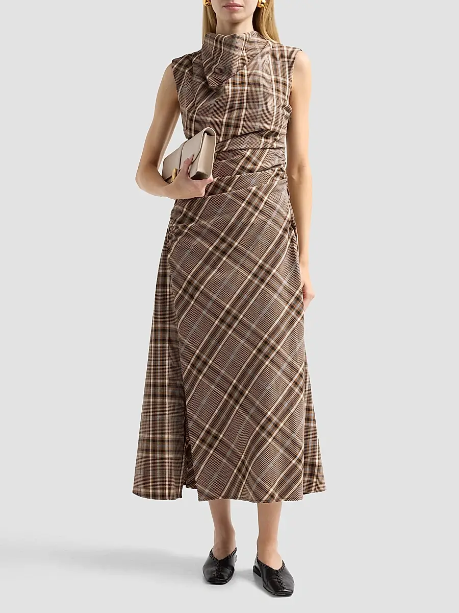 Simkhai Women's Burke Plaid Ruched Midi Dress | Thumbnail 2 Simkhai Women's Burke Plaid Ruched Midi Dress | Thumbnail 2