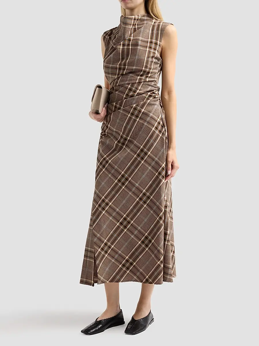 Simkhai Women's Burke Plaid Ruched Midi Dress | Thumbnail 4 Simkhai Women's Burke Plaid Ruched Midi Dress | Thumbnail 4