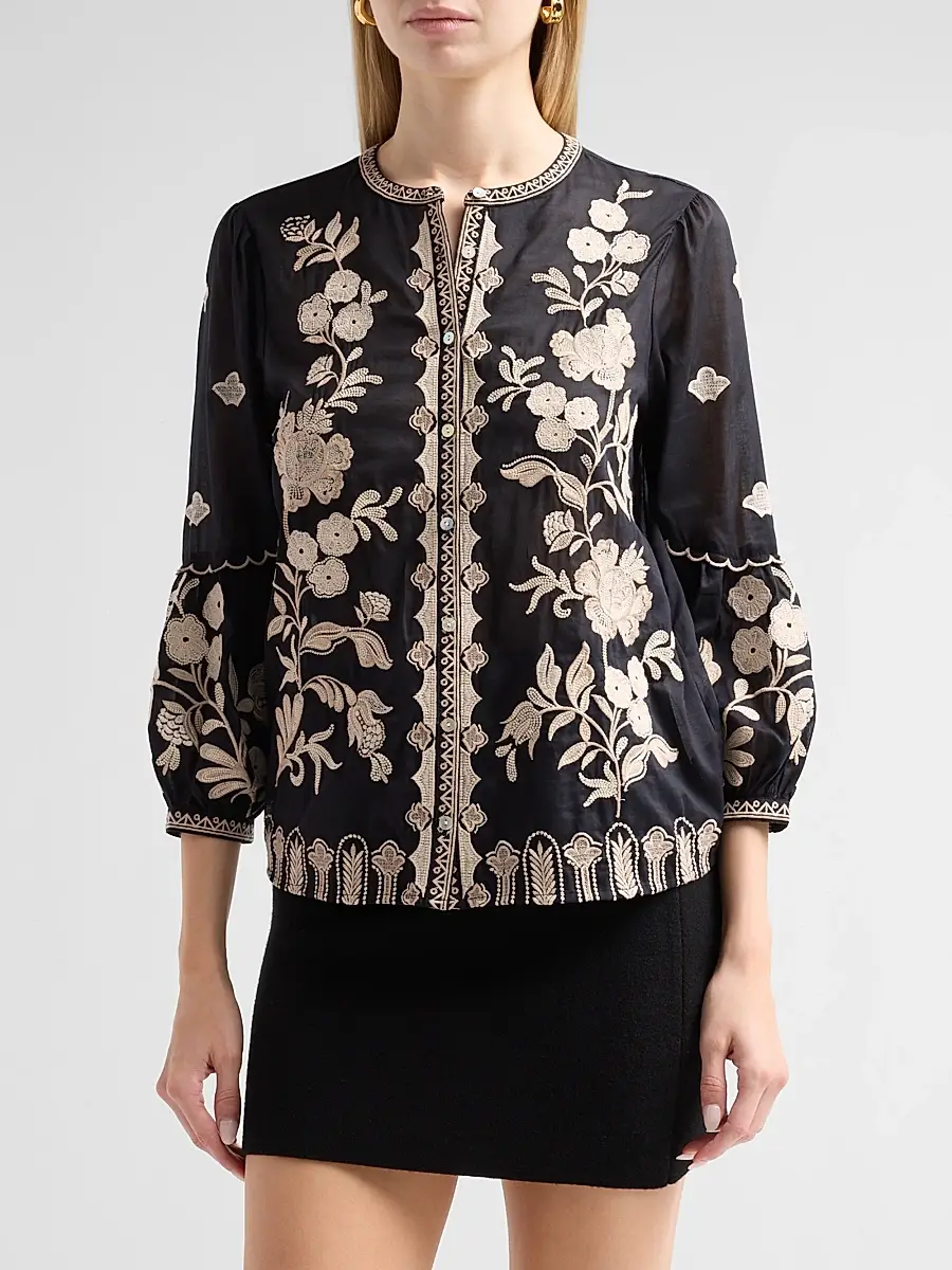 Johnny Was Women's Scallop Embroidered Cotton Blouse | Thumbnail 4