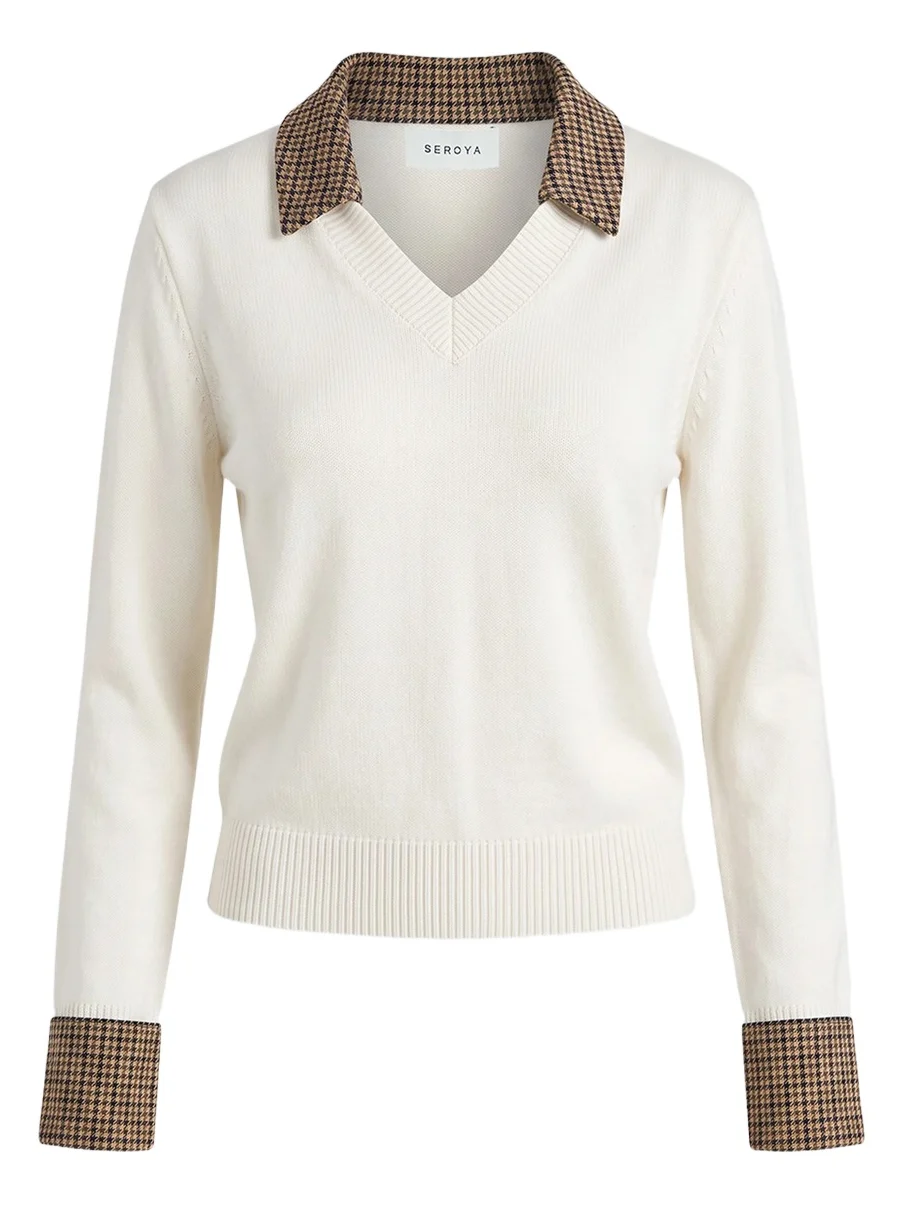 SEROYA Women's Maia Houndstooth Shirt-Trim Knit Sweater