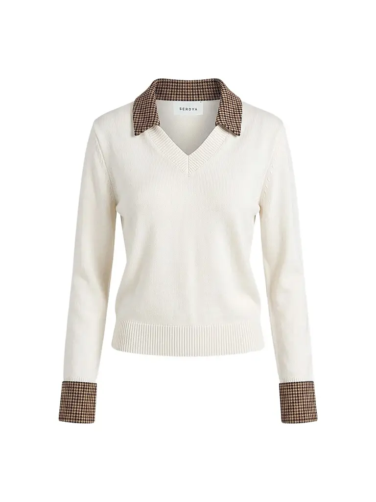 SEROYA Women's Maia Houndstooth Shirt-Trim Knit Sweater