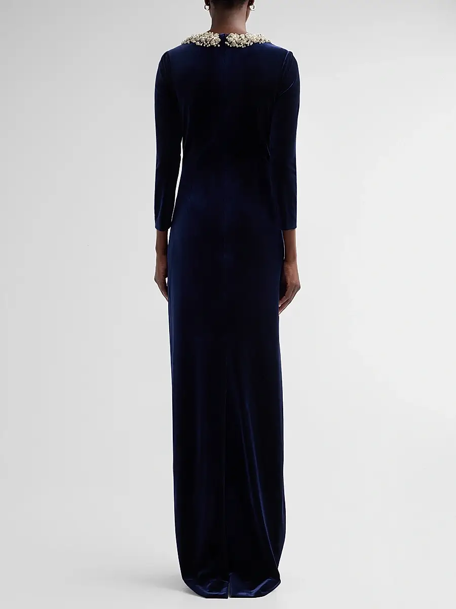 Teri Jon by Rickie Freeman Women's Velvet Jewel Collar Drape Gown | Thumbnail 3 Teri Jon by Rickie Freeman Women's Velvet Jewel Collar Drape Gown | Thumbnail 3