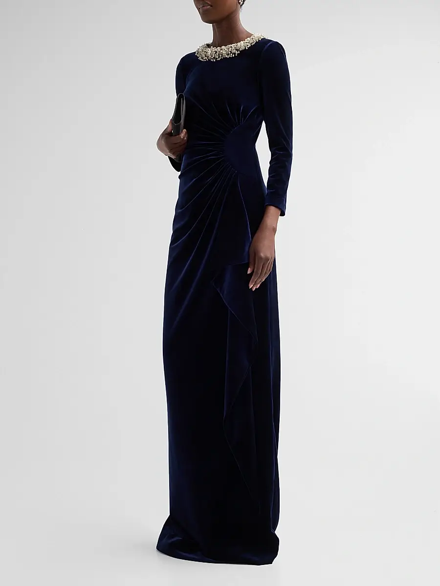 Teri Jon by Rickie Freeman Women's Velvet Jewel Collar Drape Gown | Thumbnail 4 Teri Jon by Rickie Freeman Women's Velvet Jewel Collar Drape Gown | Thumbnail 4