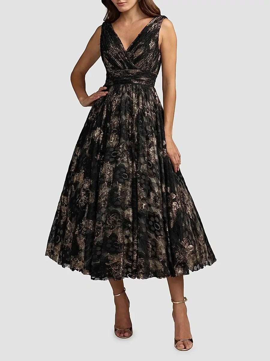 Mac Duggal Women's Metallic Lace V-Neck A-Line Midi Dress | Thumbnail 2 Mac Duggal Women's Metallic Lace V-Neck A-Line Midi Dress | Thumbnail 2