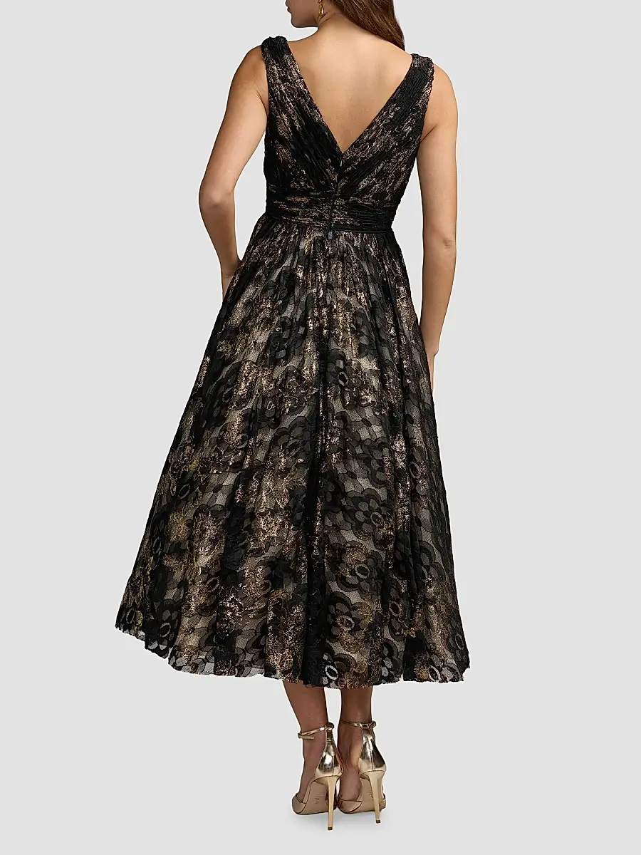 Mac Duggal Women's Metallic Lace V-Neck A-Line Midi Dress | Thumbnail 3 Mac Duggal Women's Metallic Lace V-Neck A-Line Midi Dress | Thumbnail 3