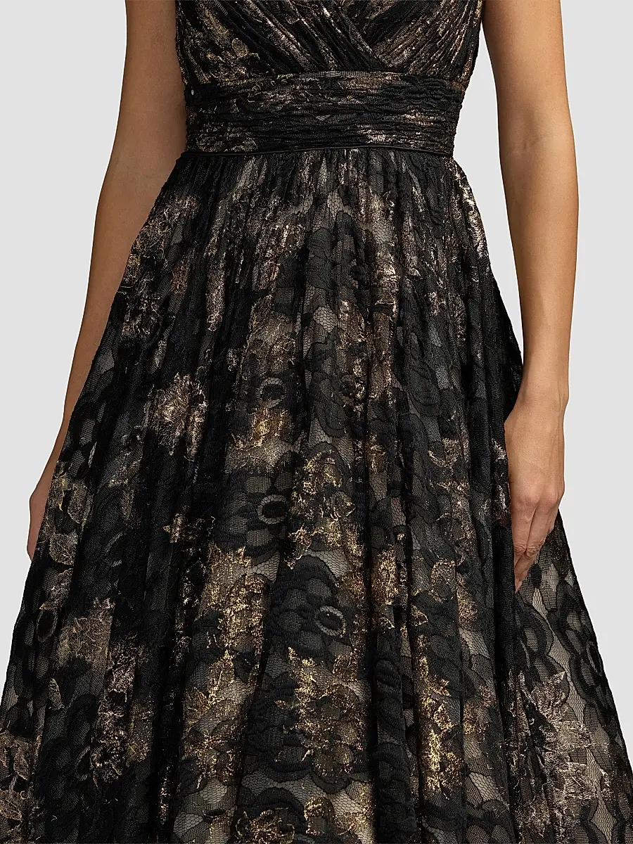 Mac Duggal Women's Metallic Lace V-Neck A-Line Midi Dress | Thumbnail 4 Mac Duggal Women's Metallic Lace V-Neck A-Line Midi Dress | Thumbnail 4