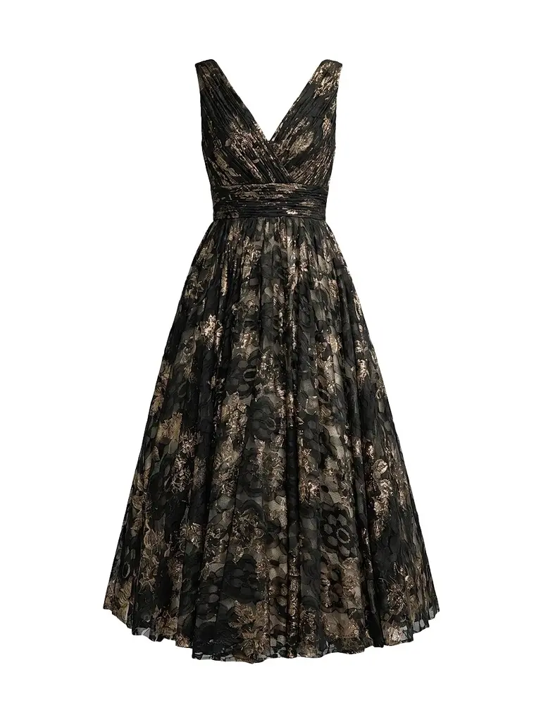 Women's Metallic Lace V-Neck A-Line Midi Dress Women's Metallic Lace V-Neck A-Line Midi Dress