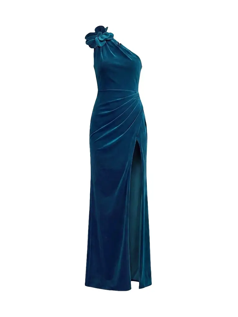 Women's Velvet Floral Detail One-Shoulder Gown