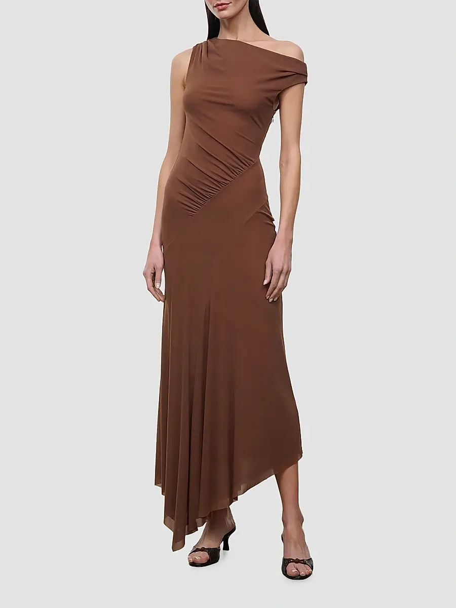 Staud Women's Amaris Ruched Mesh Asymmetric Maxi Dress | Thumbnail 2