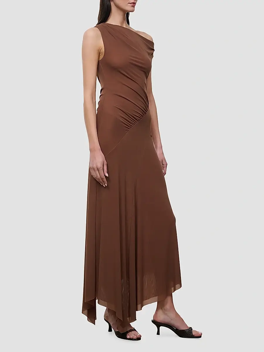 Staud Women's Amaris Ruched Mesh Asymmetric Maxi Dress | Thumbnail 4