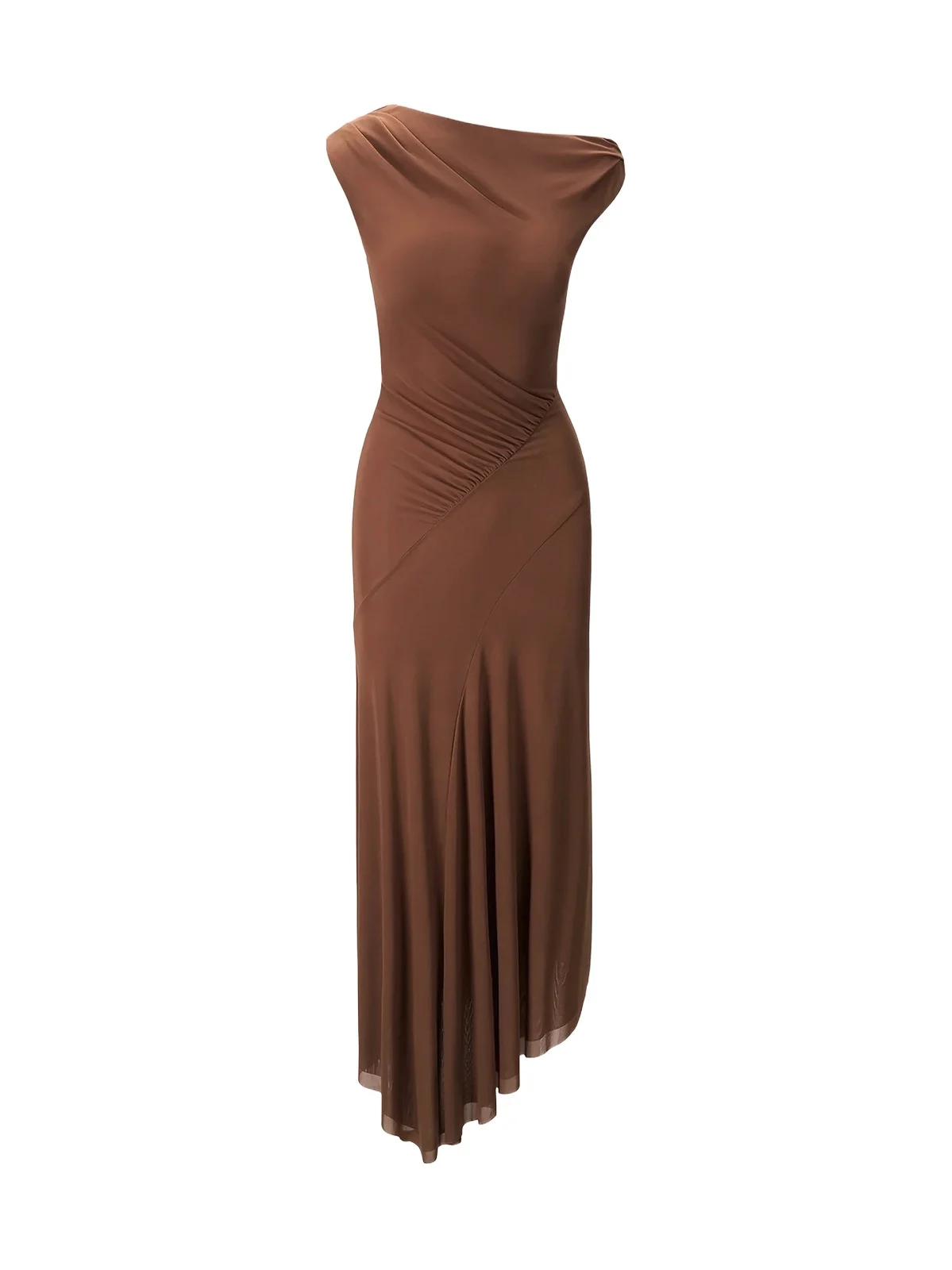 Staud Women's Amaris Ruched Mesh Asymmetric Maxi Dress