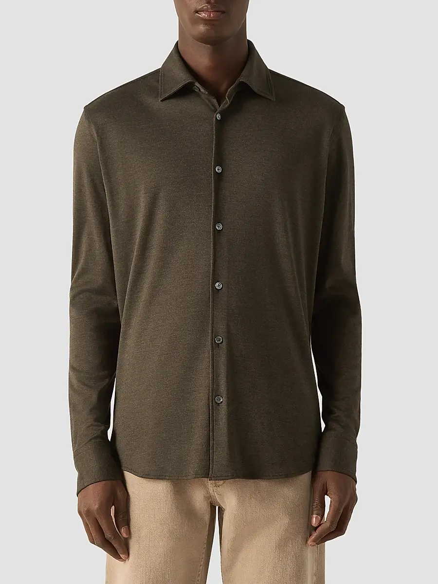 Zegna Men's Cashmere and Silk Shirt - Dark Olive Green | Thumbnail 2