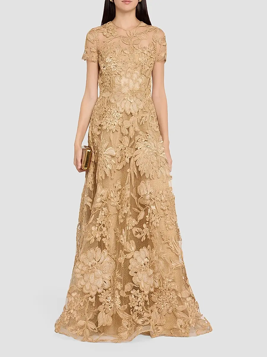 Naeem Khan Women's Floral Raffia Short-Sleeve Gown | Thumbnail 2 Naeem Khan Women's Floral Raffia Short-Sleeve Gown | Thumbnail 2