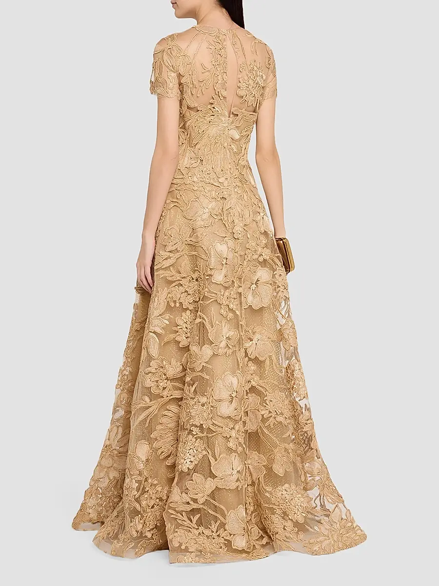 Naeem Khan Women's Floral Raffia Short-Sleeve Gown | Thumbnail 3 Naeem Khan Women's Floral Raffia Short-Sleeve Gown | Thumbnail 3