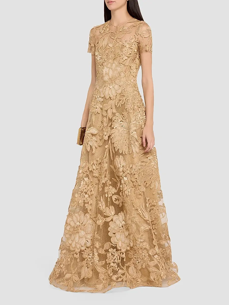 Naeem Khan Women's Floral Raffia Short-Sleeve Gown | Thumbnail 4 Naeem Khan Women's Floral Raffia Short-Sleeve Gown | Thumbnail 4