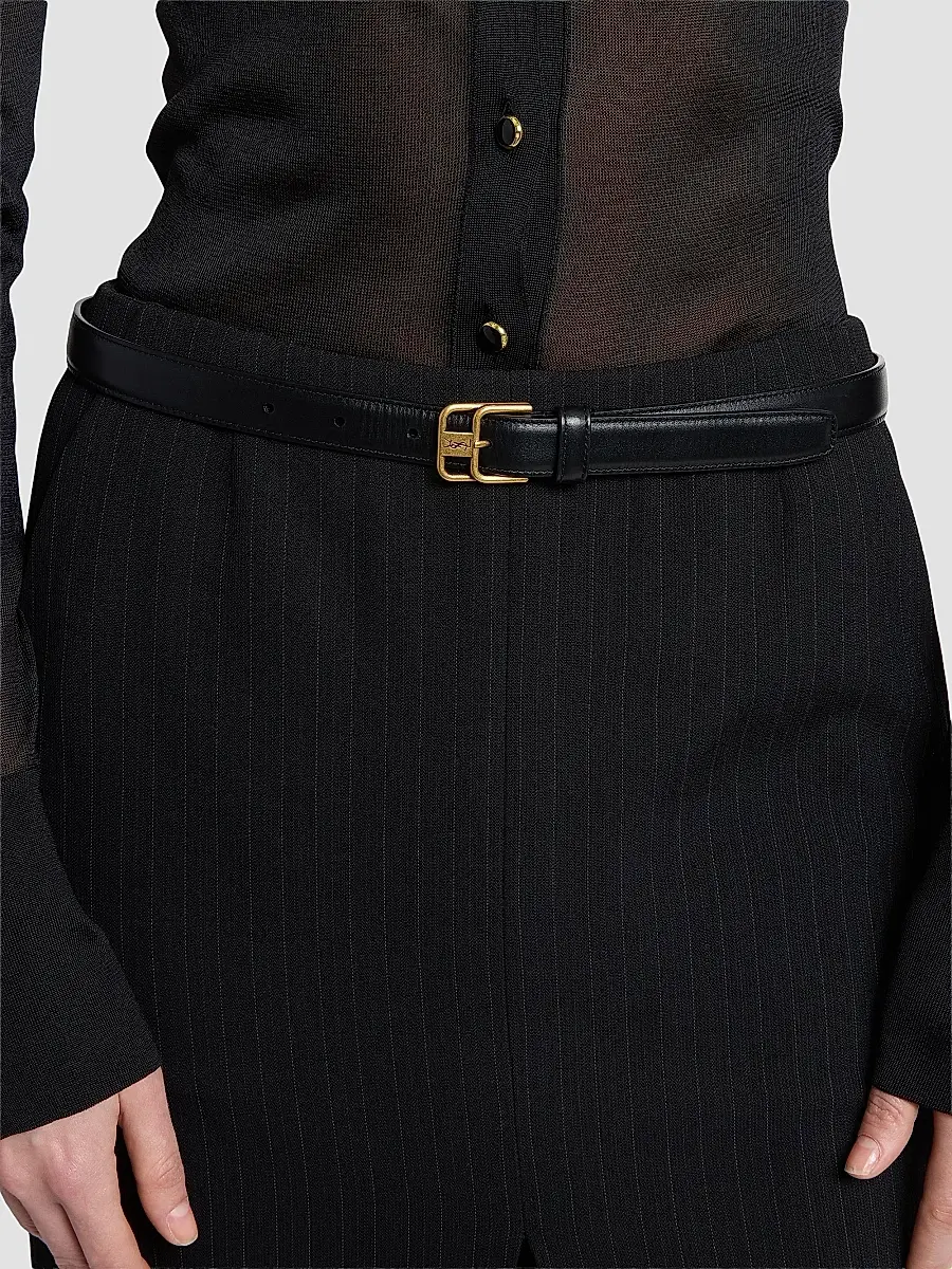 Saint Laurent Women's Cassandre Double-Buckle Thin Belt in Smooth Leather - Black | Thumbnail 2 Saint Laurent Women's Cassandre Double-Buckle Thin Belt in Smooth Leather - Black | Thumbnail 2
