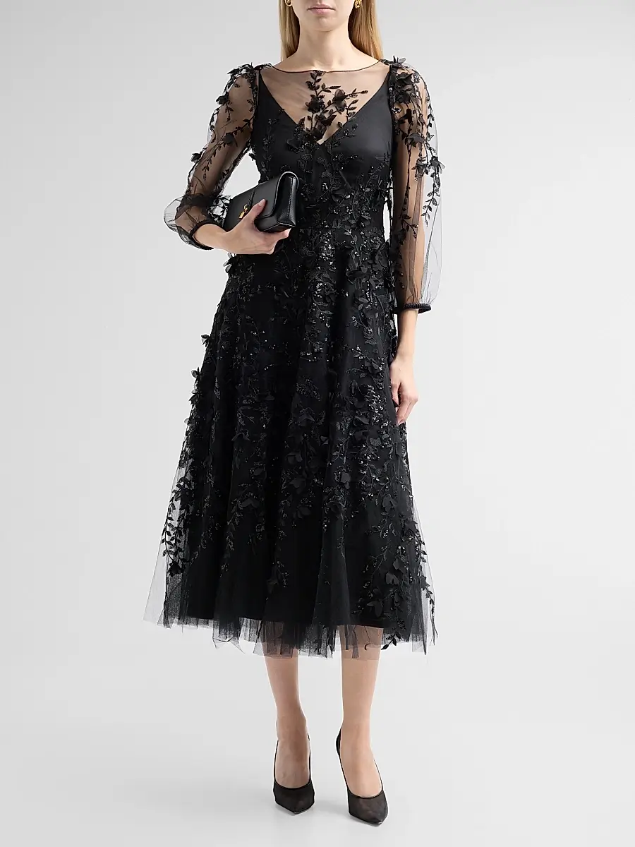 MAISON COMMON Women's Floral Embroidered Tulle Illusion Midi Dress | Thumbnail 2 MAISON COMMON Women's Floral Embroidered Tulle Illusion Midi Dress | Thumbnail 2