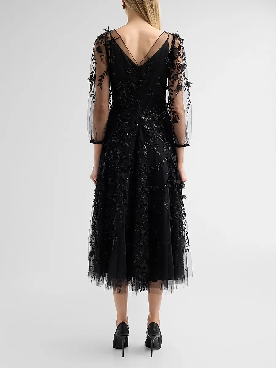MAISON COMMON Women's Floral Embroidered Tulle Illusion Midi Dress | Thumbnail 3 MAISON COMMON Women's Floral Embroidered Tulle Illusion Midi Dress | Thumbnail 3
