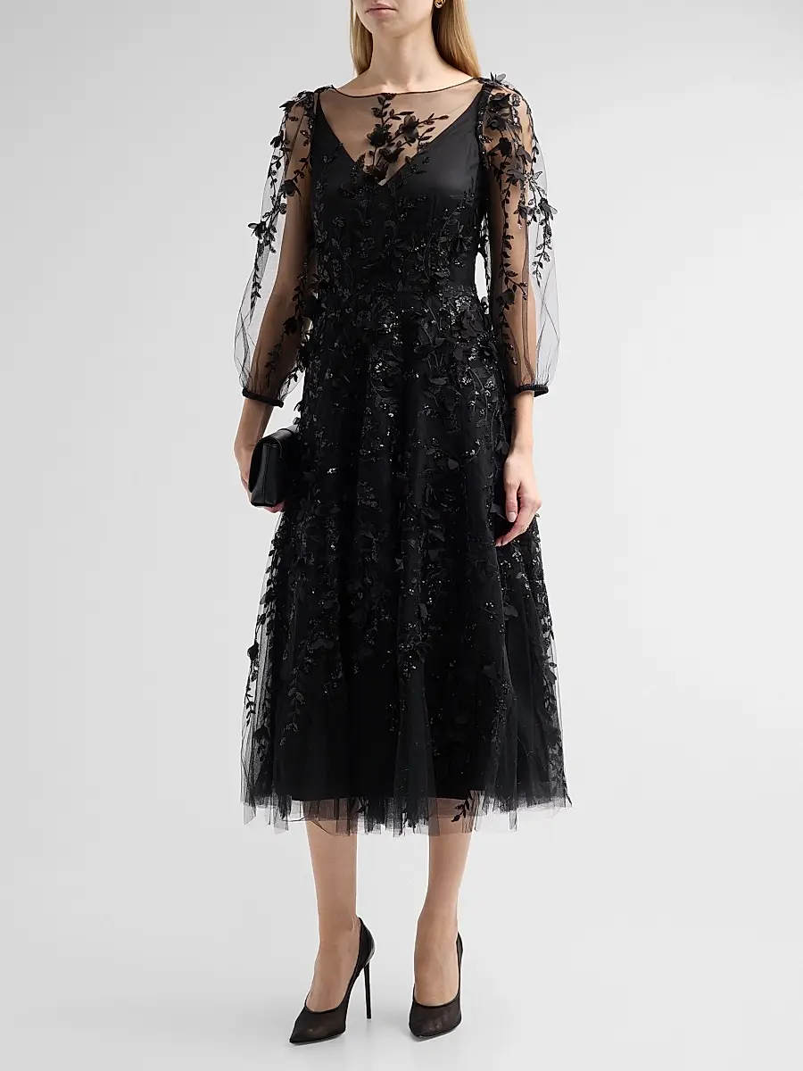 MAISON COMMON Women's Floral Embroidered Tulle Illusion Midi Dress | Thumbnail 4 MAISON COMMON Women's Floral Embroidered Tulle Illusion Midi Dress | Thumbnail 4