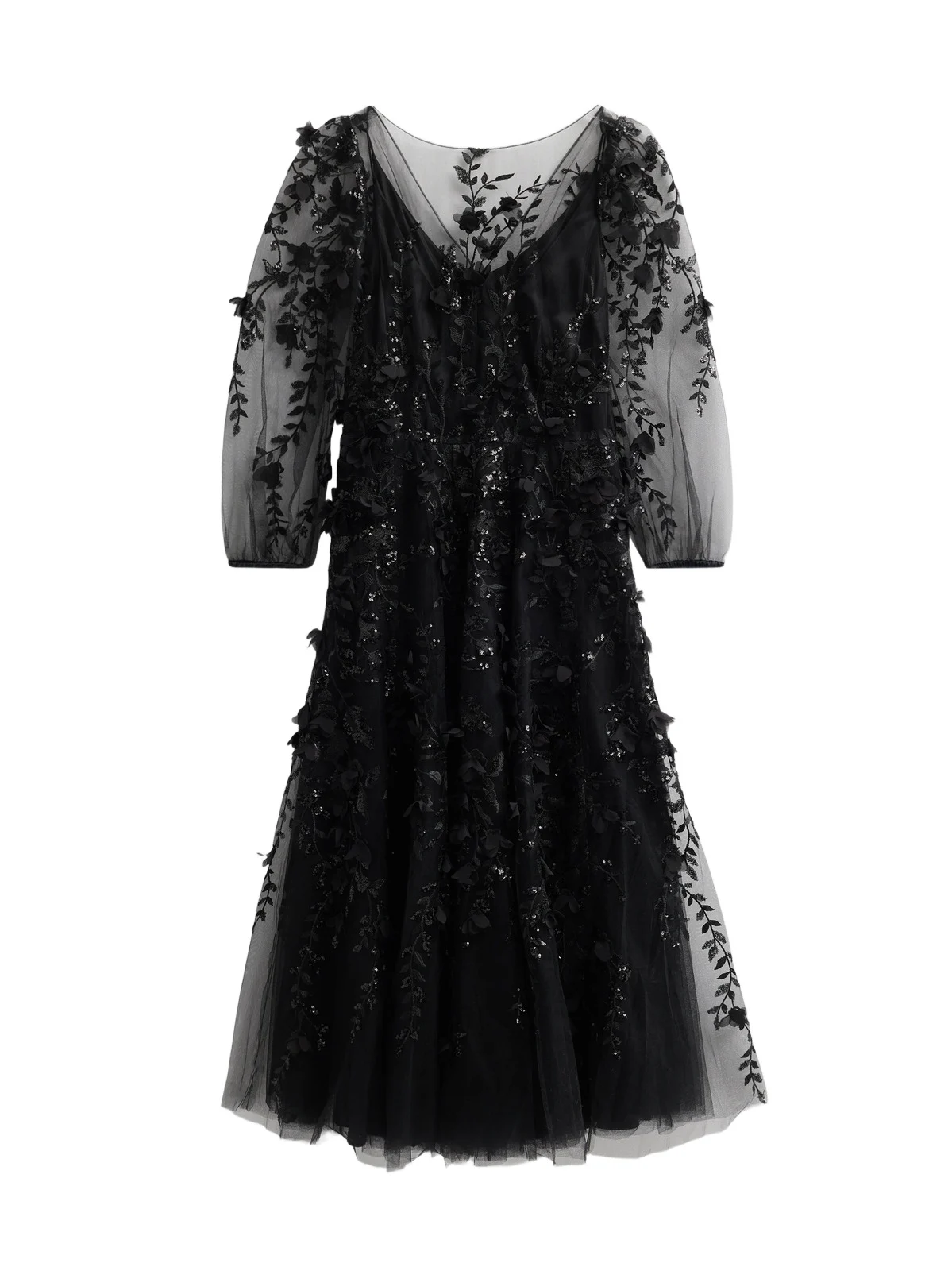 Women's Floral Embroidered Tulle Illusion Midi Dress Women's Floral Embroidered Tulle Illusion Midi Dress