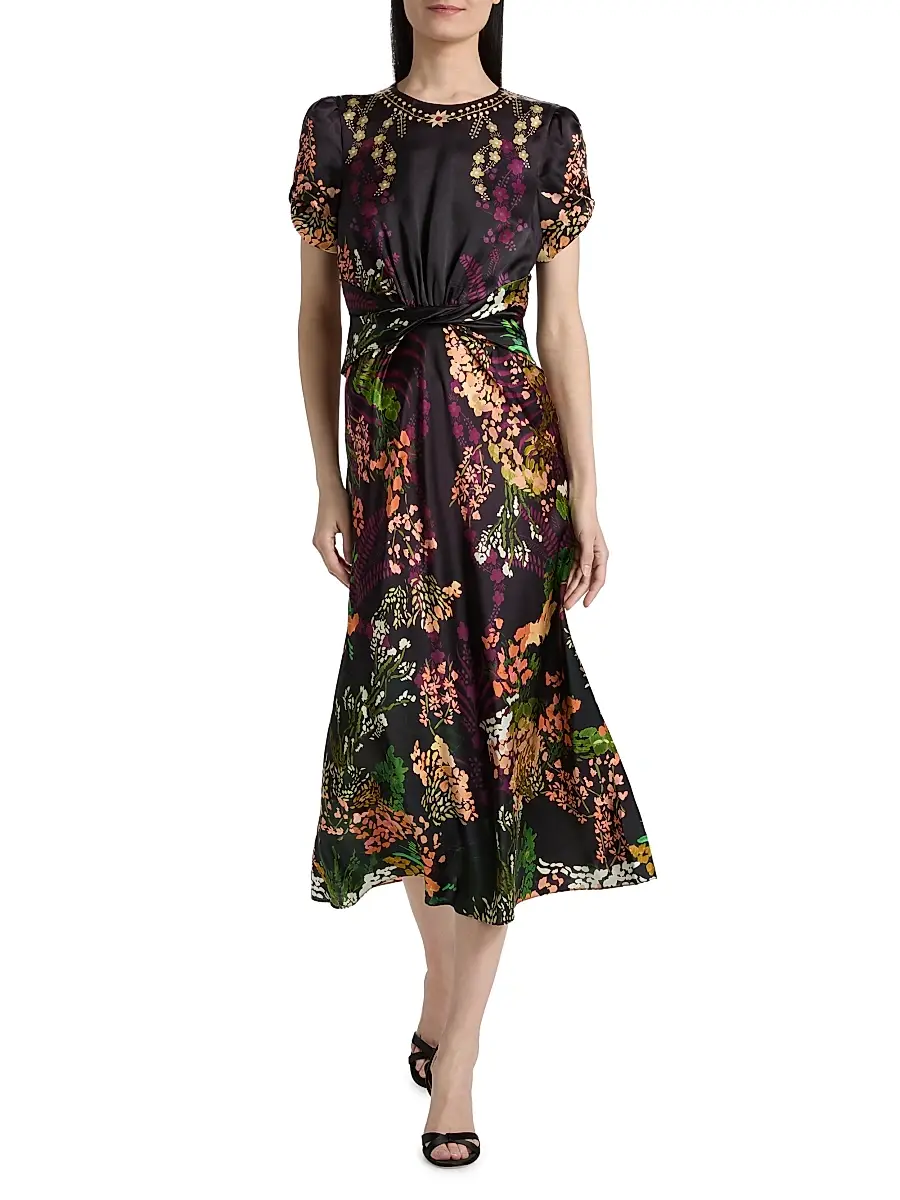 Saloni Women's Gwen Floral Satin Midi-Dress | Thumbnail 2 Saloni Women's Gwen Floral Satin Midi-Dress | Thumbnail 2