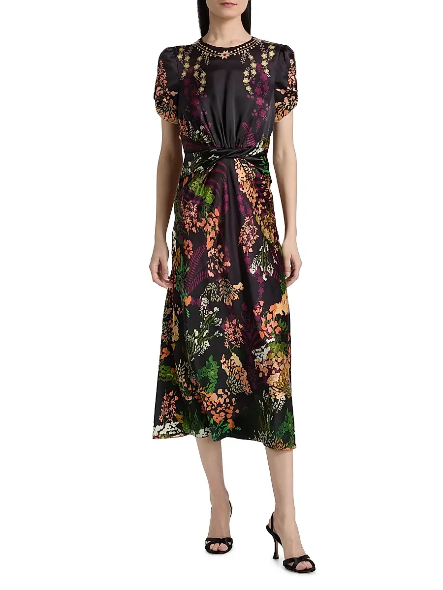 Saloni Women's Gwen Floral Satin Midi-Dress | Thumbnail 3 Saloni Women's Gwen Floral Satin Midi-Dress | Thumbnail 3