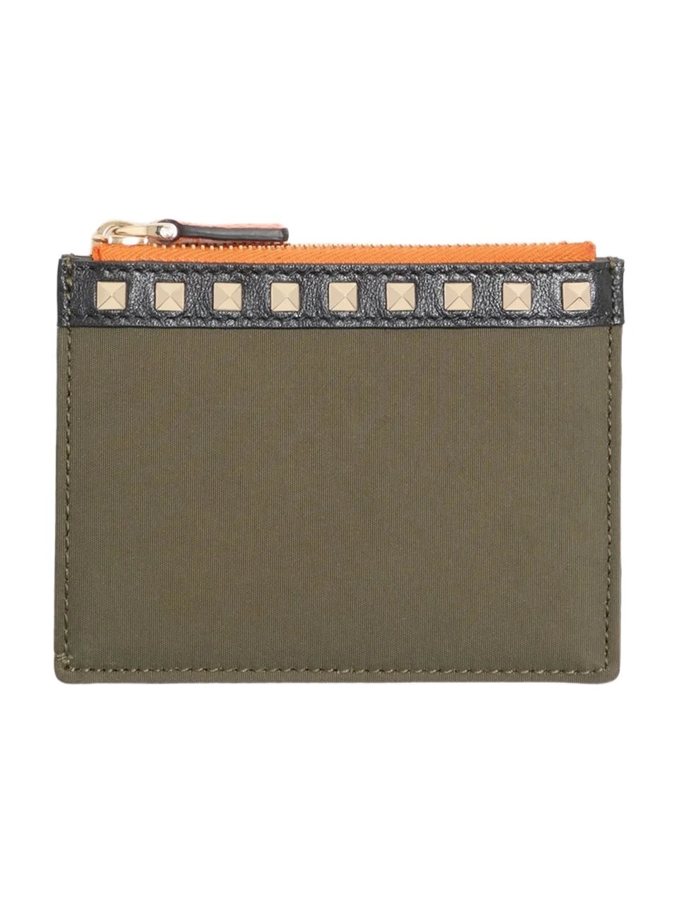 Men's Stud Up Coin Purse and Cardholder in Nylon and Grainy Calfskin - Olive Green Men's Stud Up Coin Purse and Cardholder in Nylon and Grainy Calfskin - Olive Green