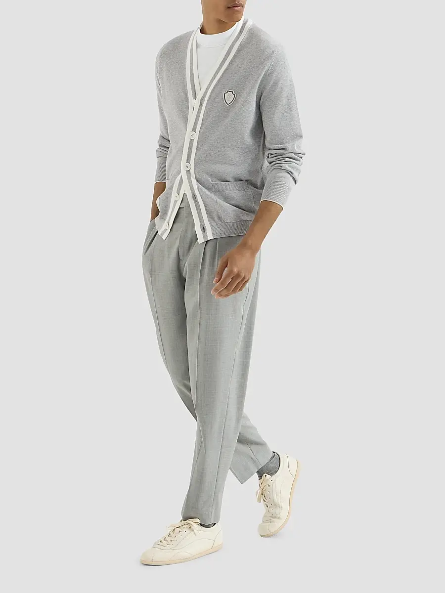 Brunello Cucinelli Men's Cotton Cardigan with Logo - Grey | Thumbnail 2 Brunello Cucinelli Men's Cotton Cardigan with Logo - Grey | Thumbnail 2