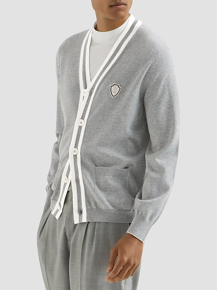 Brunello Cucinelli Men's Cotton Cardigan with Logo - Grey | Thumbnail 3 Brunello Cucinelli Men's Cotton Cardigan with Logo - Grey | Thumbnail 3
