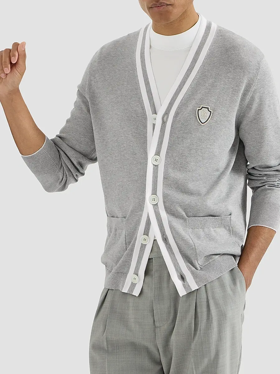 Brunello Cucinelli Men's Cotton Cardigan with Logo - Grey | Thumbnail 5 Brunello Cucinelli Men's Cotton Cardigan with Logo - Grey | Thumbnail 5