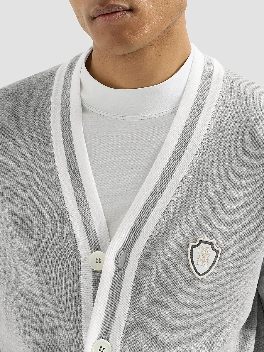 Brunello Cucinelli Men's Cotton Cardigan with Logo - Grey | Thumbnail 6 Brunello Cucinelli Men's Cotton Cardigan with Logo - Grey | Thumbnail 6